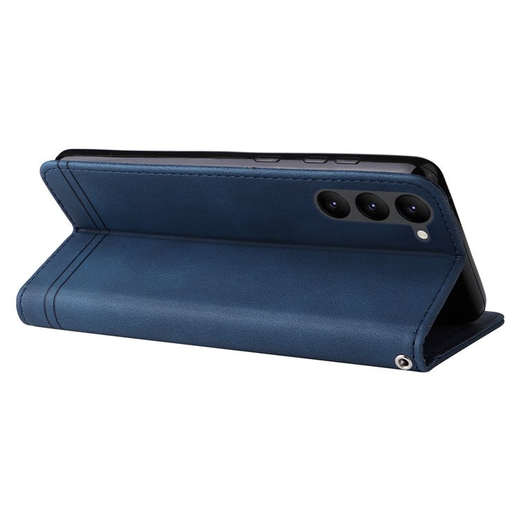 For Samsung Galaxy S23 Scratch-resistant Flip Leather Wallet Case Stand Tree Pattern Metal Button Lines Imprinted Skin-touch Protective Phone Cover with Strap - Blue
