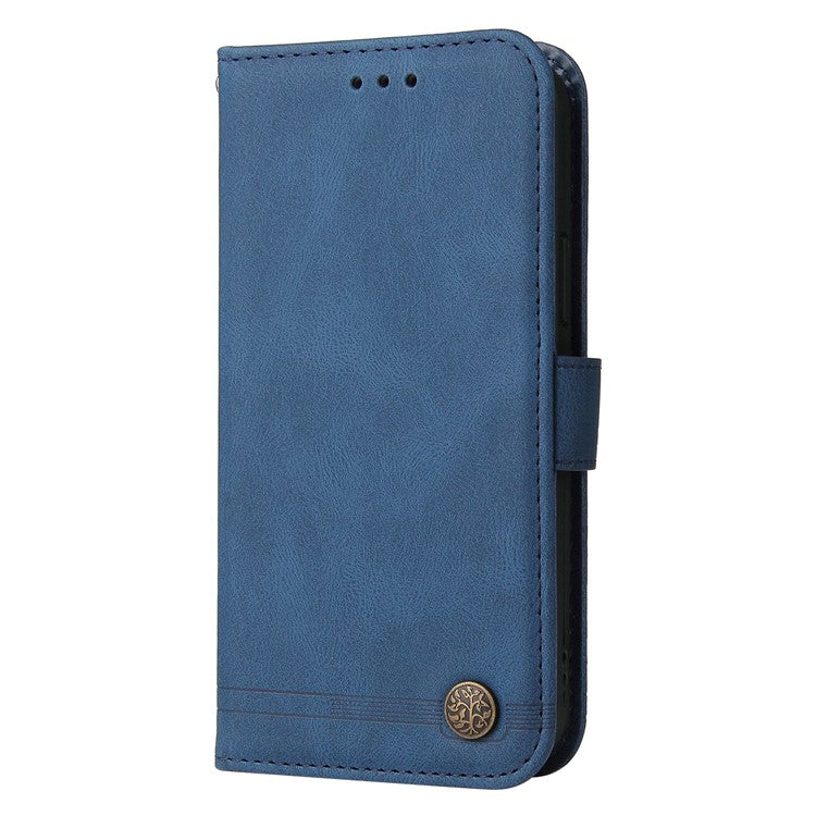 For Samsung Galaxy S23 Scratch-resistant Flip Leather Wallet Case Stand Tree Pattern Metal Button Lines Imprinted Skin-touch Protective Phone Cover with Strap - Blue