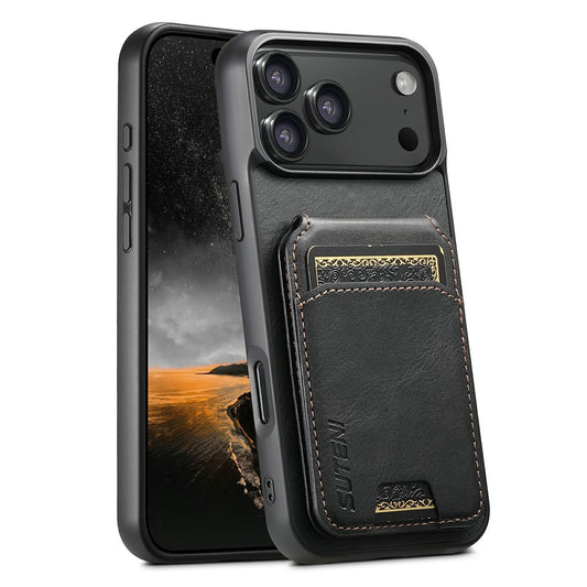 SUTENI H02 For iPhone 17 Pro Max Case Waxy Texture Leather + TPU Card Slots Kickstand Phone Cover - Black