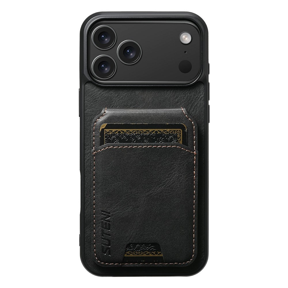 SUTENI H02 For iPhone 17 Pro Max Case Waxy Texture Leather + TPU Card Slots Kickstand Phone Cover - Black