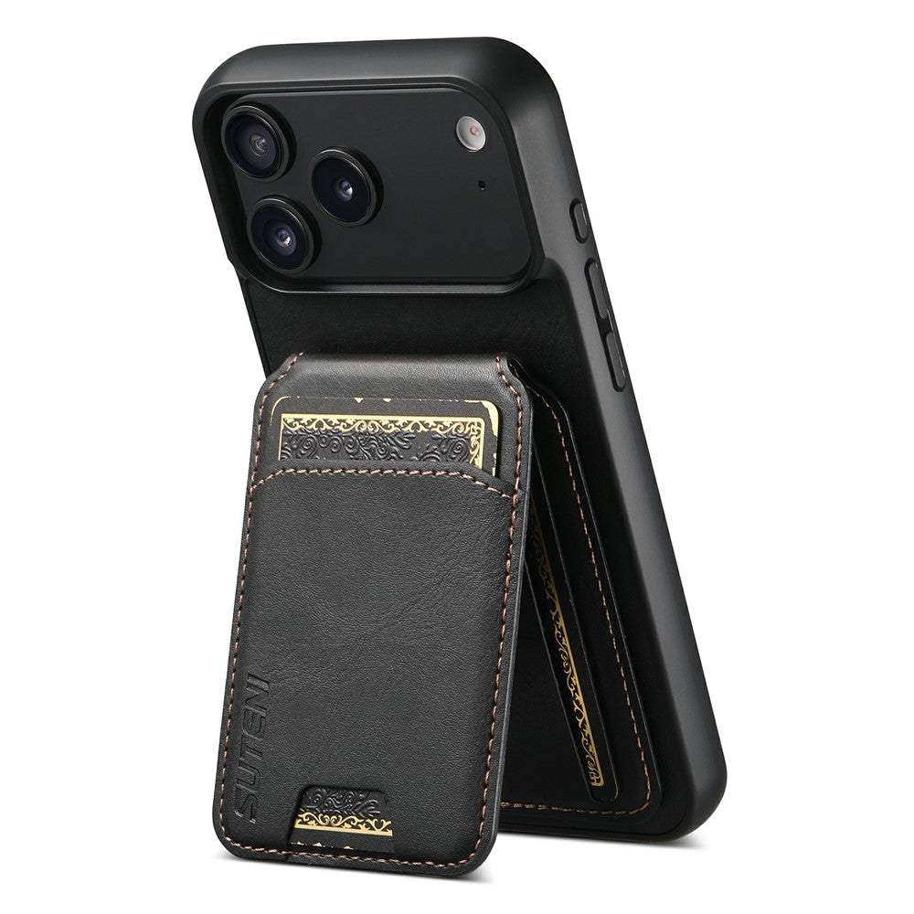 SUTENI H02 For iPhone 17 Pro Max Case Waxy Texture Leather + TPU Card Slots Kickstand Phone Cover - Black