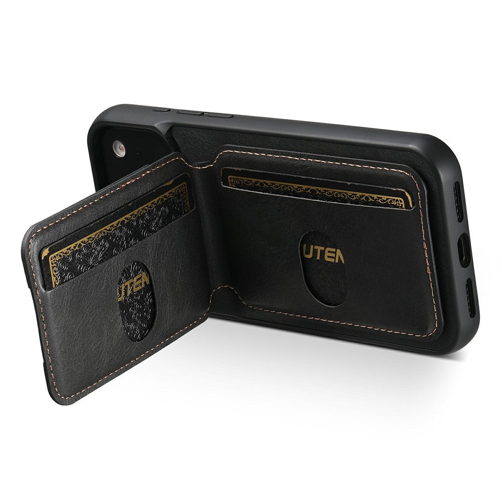 SUTENI H02 For iPhone 17 Pro Max Case Waxy Texture Leather + TPU Card Slots Kickstand Phone Cover - Black