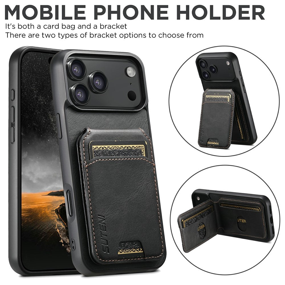 SUTENI H02 For iPhone 17 Pro Max Case Waxy Texture Leather + TPU Card Slots Kickstand Phone Cover - Black