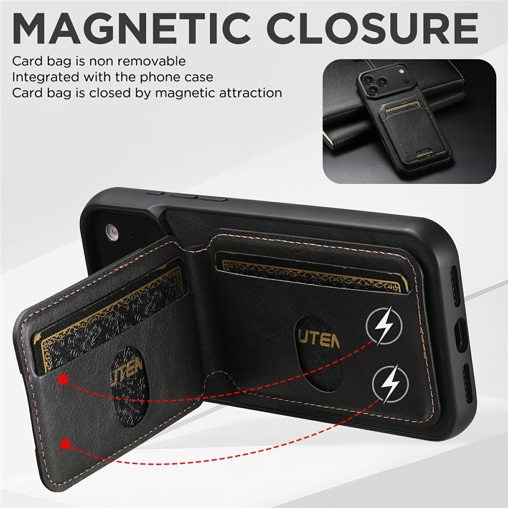 SUTENI H02 For iPhone 17 Pro Max Case Waxy Texture Leather + TPU Card Slots Kickstand Phone Cover - Black