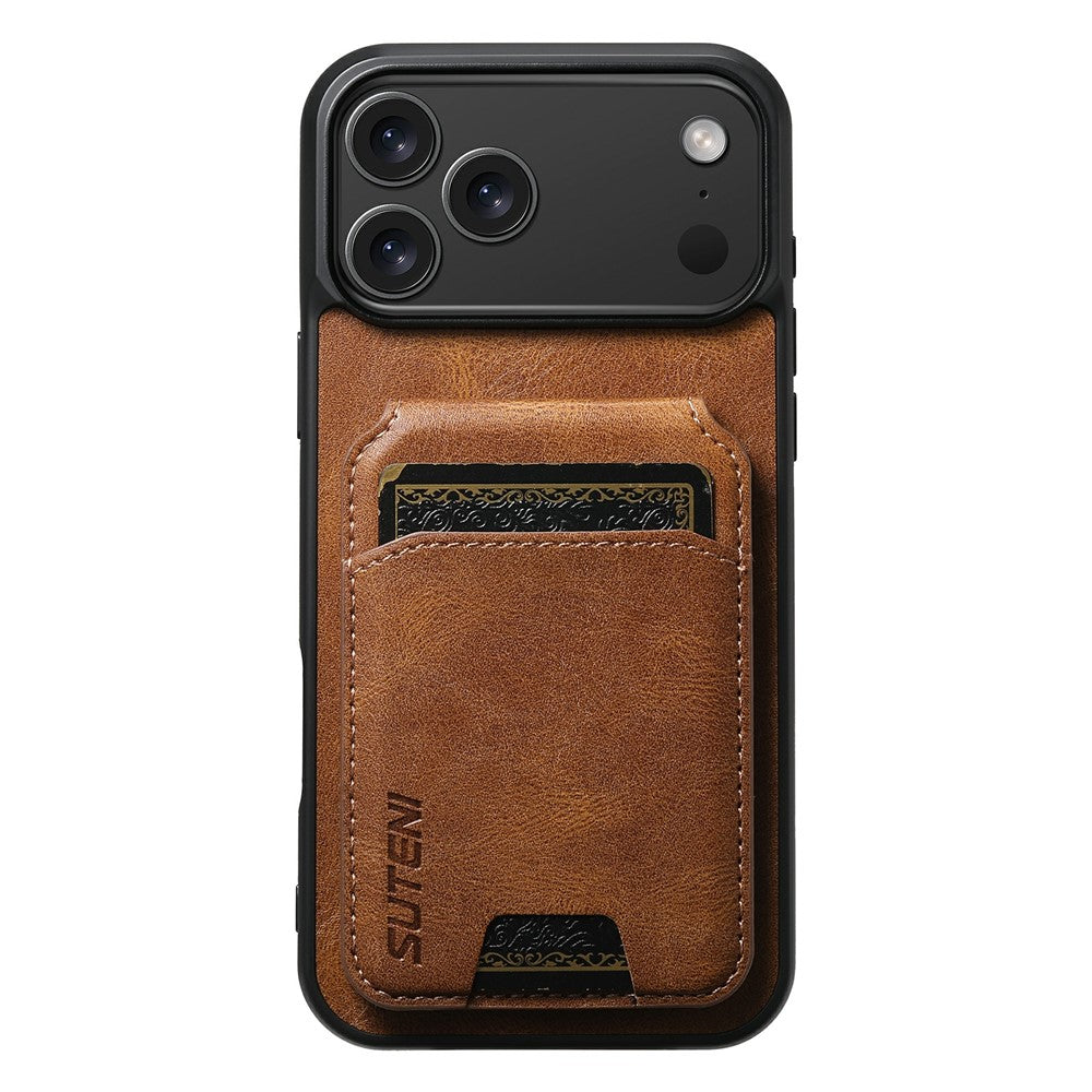 SUTENI H02 For iPhone 17 Pro Max Case Waxy Texture Leather + TPU Card Slots Kickstand Phone Cover - Brown