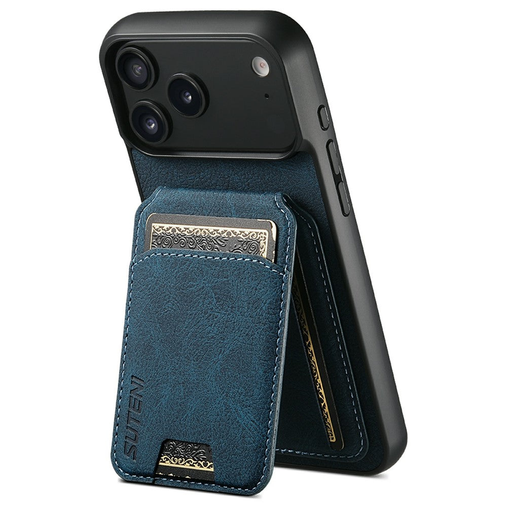 SUTENI H02 For iPhone 17 Pro Max Case Card Slots Kickstand Litchi Texture Leather + TPU Cover - Blue