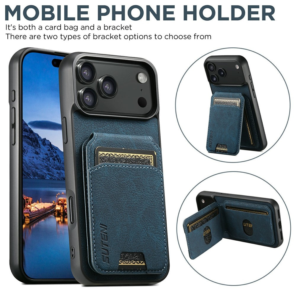 SUTENI H02 For iPhone 17 Pro Max Case Card Slots Kickstand Litchi Texture Leather + TPU Cover - Blue