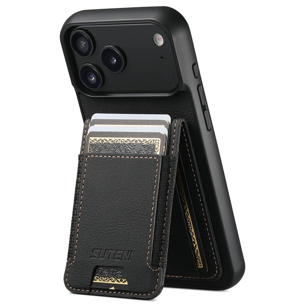 SUTENI H03 For iPhone 17 Pro Max Case Card Holder Kickstand Litchi Texture Leather + TPU Phone Cover - Black