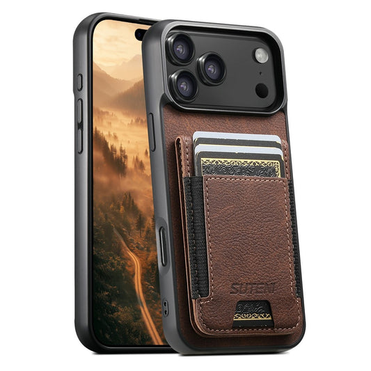 SUTENI H03 For iPhone 17 Pro Max Case Card Holder Kickstand Litchi Texture Leather + TPU Phone Cover - Brown