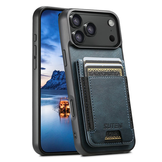 SUTENI H03 For iPhone 17 Pro Max Case Card Holder Waxy Texture Leather + TPU Phone Cover - Blue