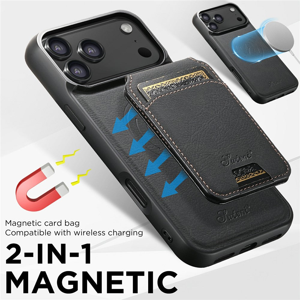 SUTENI H16 For iPhone 17 Pro Max Case Compatible with MagSafe Kickstand Phone Cover Detachable Card Holder - Black
