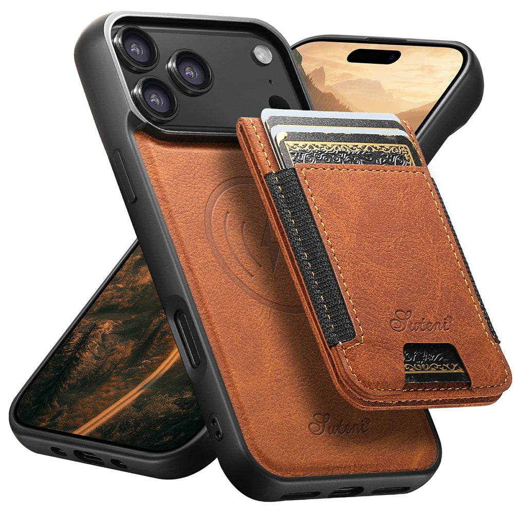 SUTENI H17 For iPhone 17 Pro Max Magnetic Case Card Slots Leather + TPU Kickstand Phone Cover - Khaki