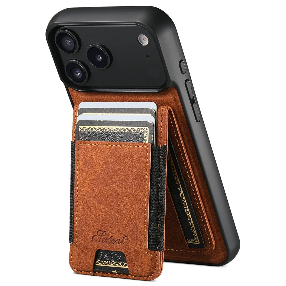 SUTENI H17 For iPhone 17 Pro Max Magnetic Case Card Slots Leather + TPU Kickstand Phone Cover - Khaki