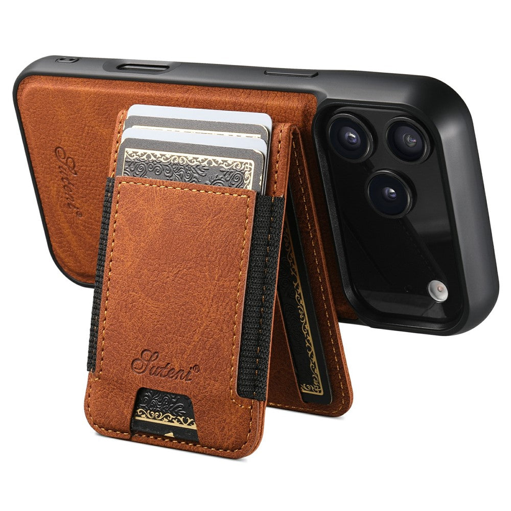 SUTENI H17 For iPhone 17 Pro Max Magnetic Case Card Slots Leather + TPU Kickstand Phone Cover - Khaki