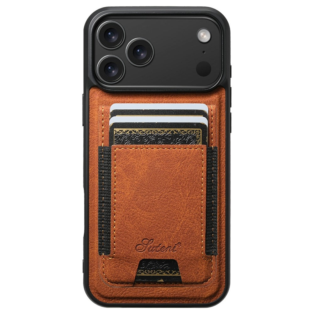 SUTENI H17 For iPhone 17 Pro Max Magnetic Case Card Slots Leather + TPU Kickstand Phone Cover - Khaki