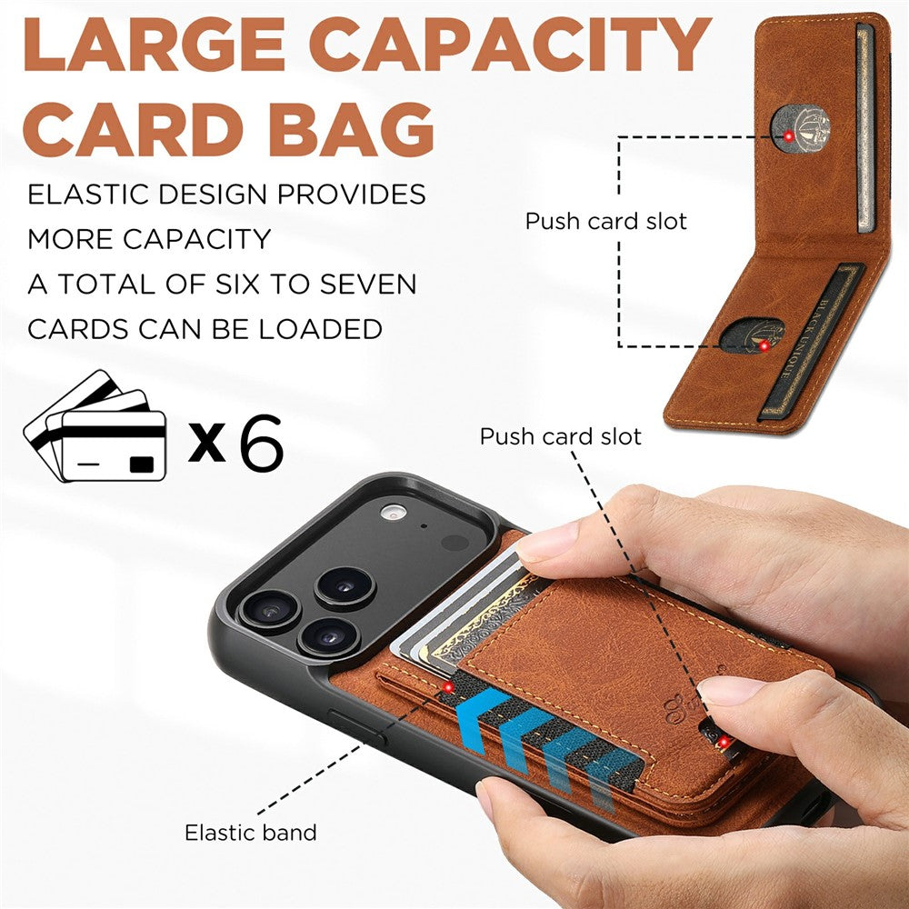 SUTENI H17 For iPhone 17 Pro Max Magnetic Case Card Slots Leather + TPU Kickstand Phone Cover - Khaki