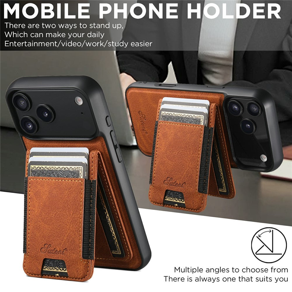 SUTENI H17 For iPhone 17 Pro Max Magnetic Case Card Slots Leather + TPU Kickstand Phone Cover - Khaki