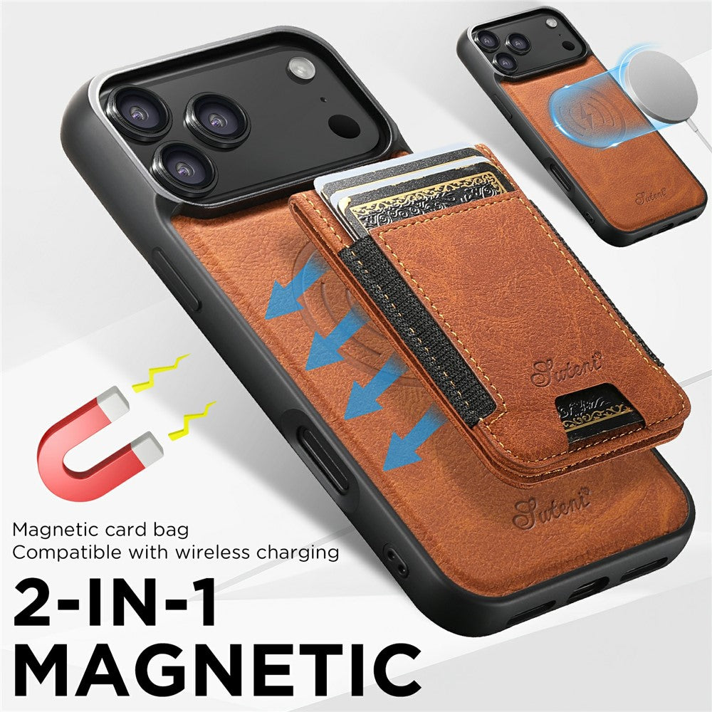 SUTENI H17 For iPhone 17 Pro Max Magnetic Case Card Slots Leather + TPU Kickstand Phone Cover - Khaki
