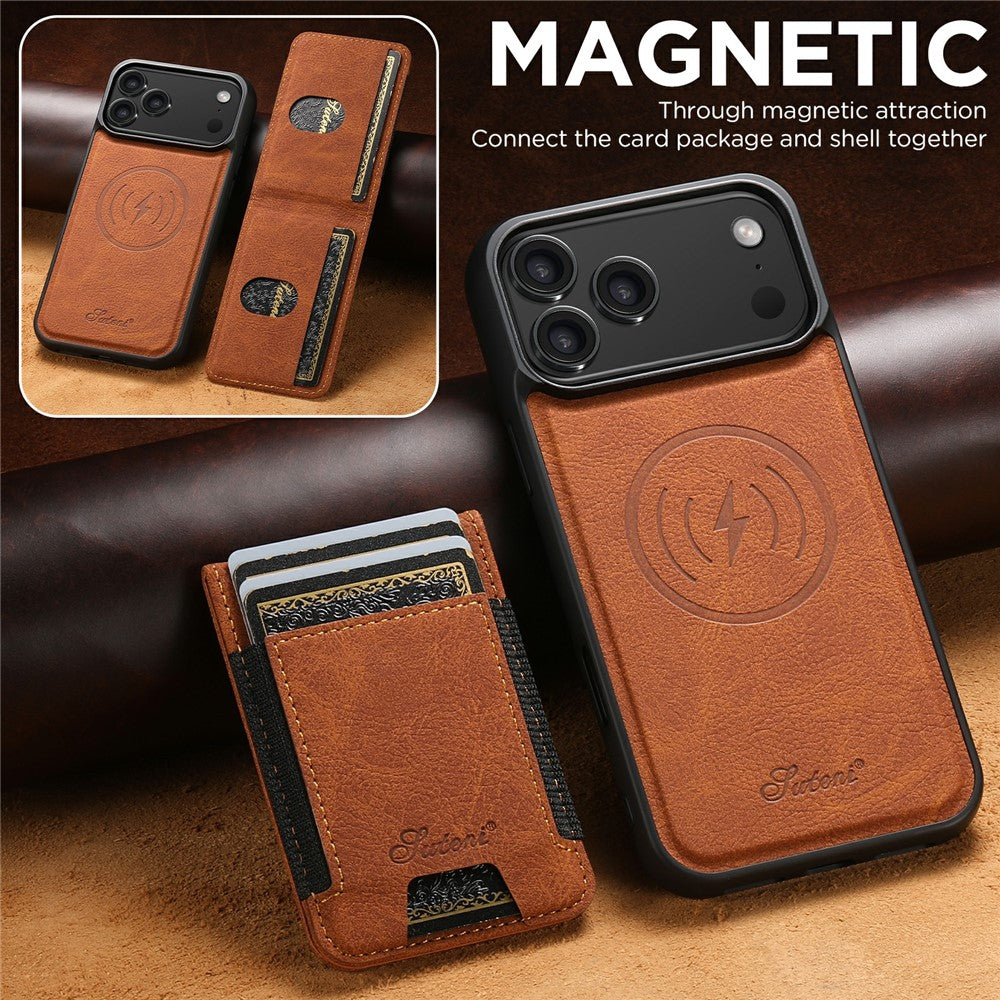 SUTENI H17 For iPhone 17 Pro Max Magnetic Case Card Slots Leather + TPU Kickstand Phone Cover - Khaki