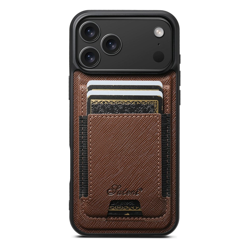 SUTENI H17 For iPhone 17 Pro Max Magnetic Case Cross Texture Leather Phone Back Cover with Detachable Card Bag - Brown