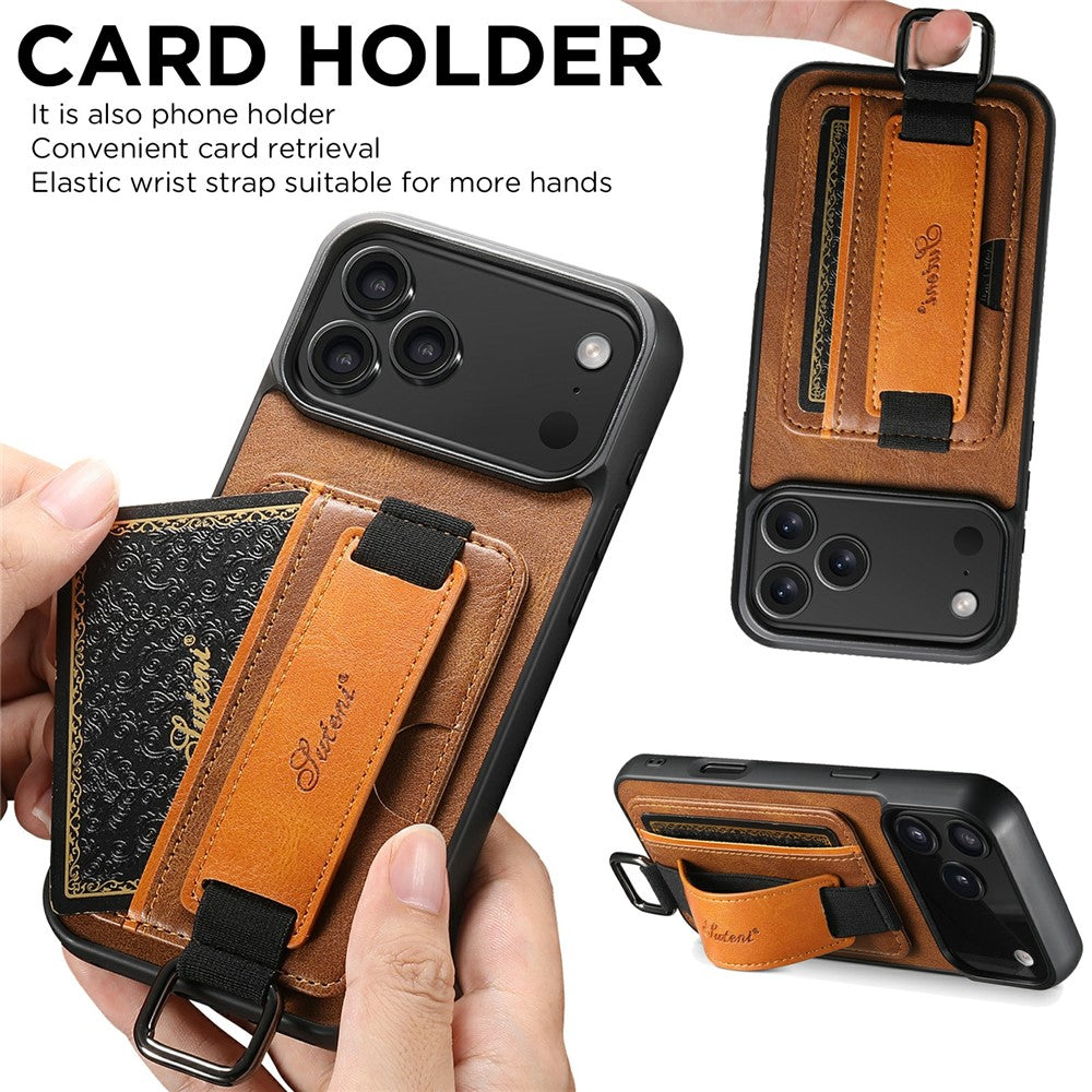 SUTENI H13 For iPhone 17 Pro Max Case Card Holder Wristband Waxy Texture Leather + TPU + PC Cover - Brown