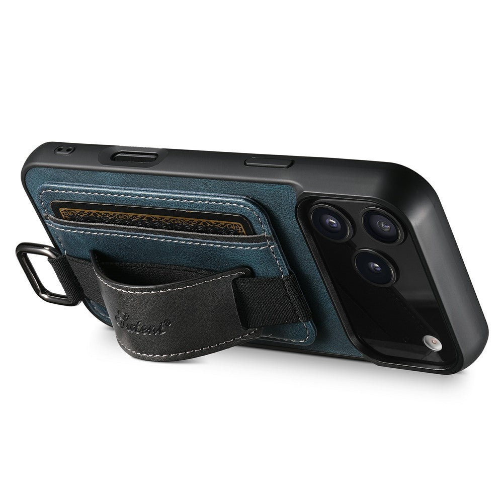 SUTENI H13 For iPhone 17 Pro Max Case Card Holder Wristband Waxy Texture Leather + TPU + PC Cover - Blue