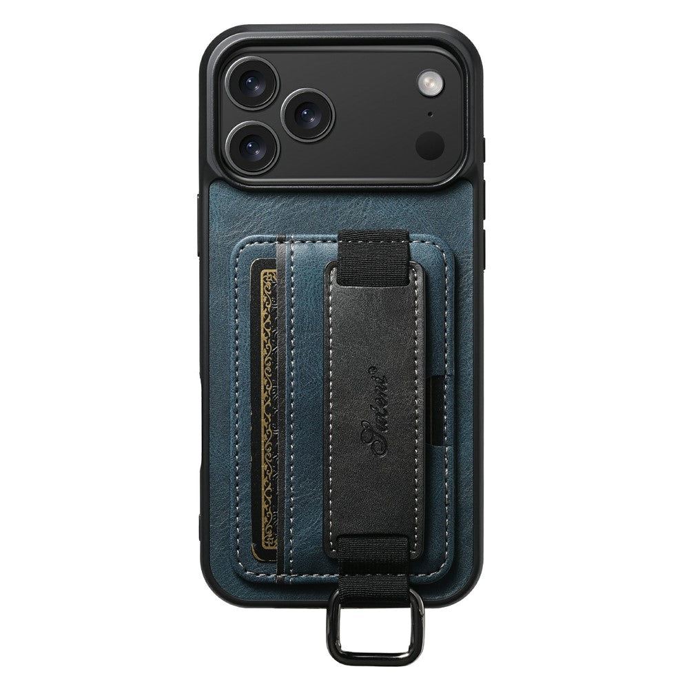 SUTENI H13 For iPhone 17 Pro Max Case Card Holder Wristband Waxy Texture Leather + TPU + PC Cover - Blue