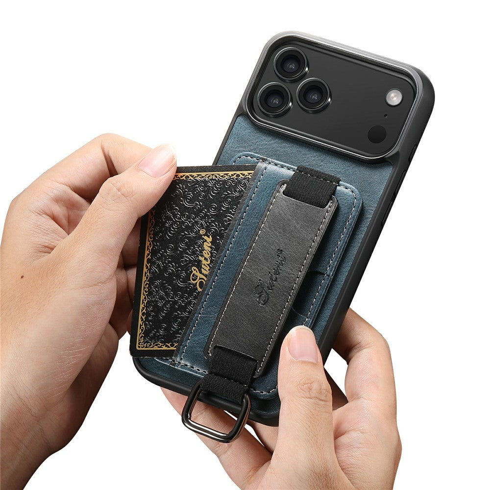 SUTENI H13 For iPhone 17 Pro Max Case Card Holder Wristband Waxy Texture Leather + TPU + PC Cover - Blue