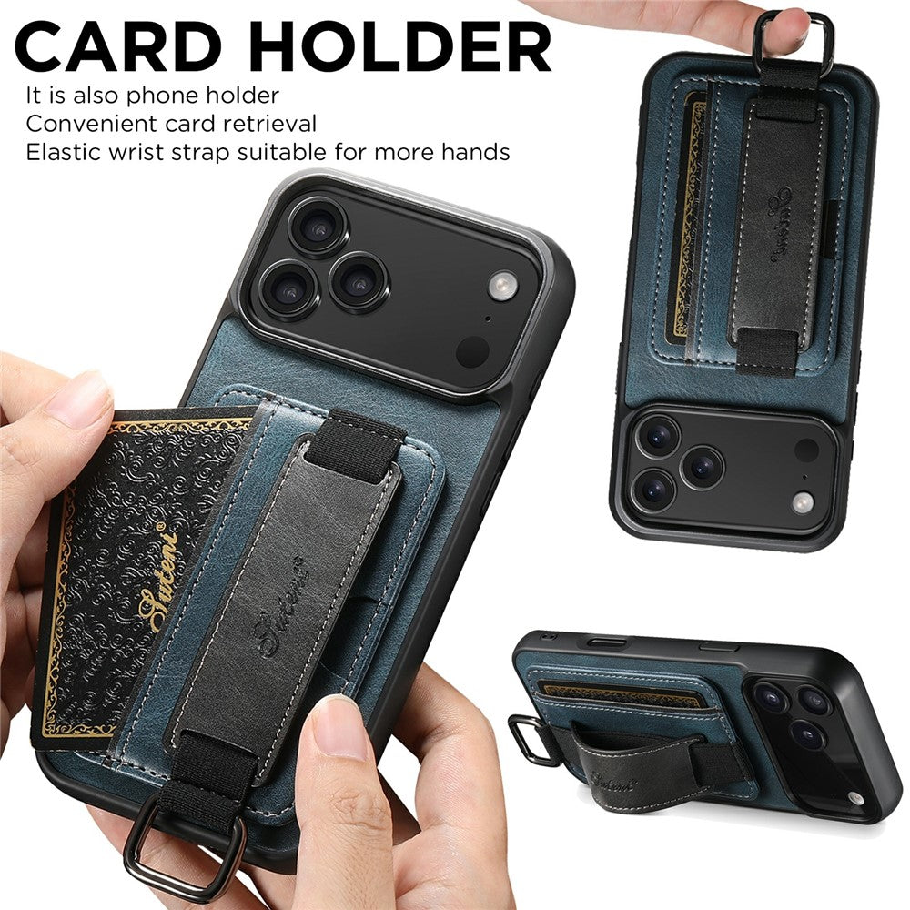 SUTENI H13 For iPhone 17 Pro Max Case Card Holder Wristband Waxy Texture Leather + TPU + PC Cover - Blue