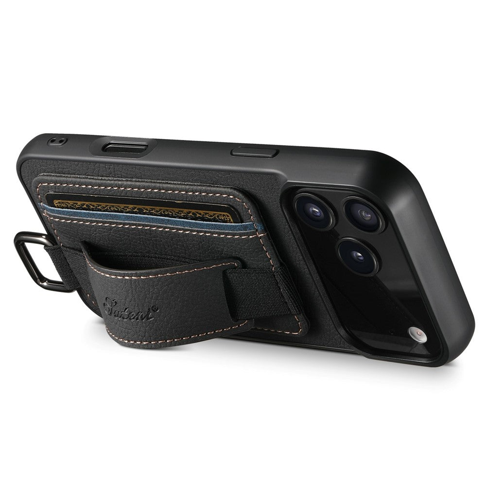 SUTENI H13 For iPhone 17 Pro Max Case Litchi Texture Leather + TPU + PC Phone Cover with Card Holder Kickstand - Black