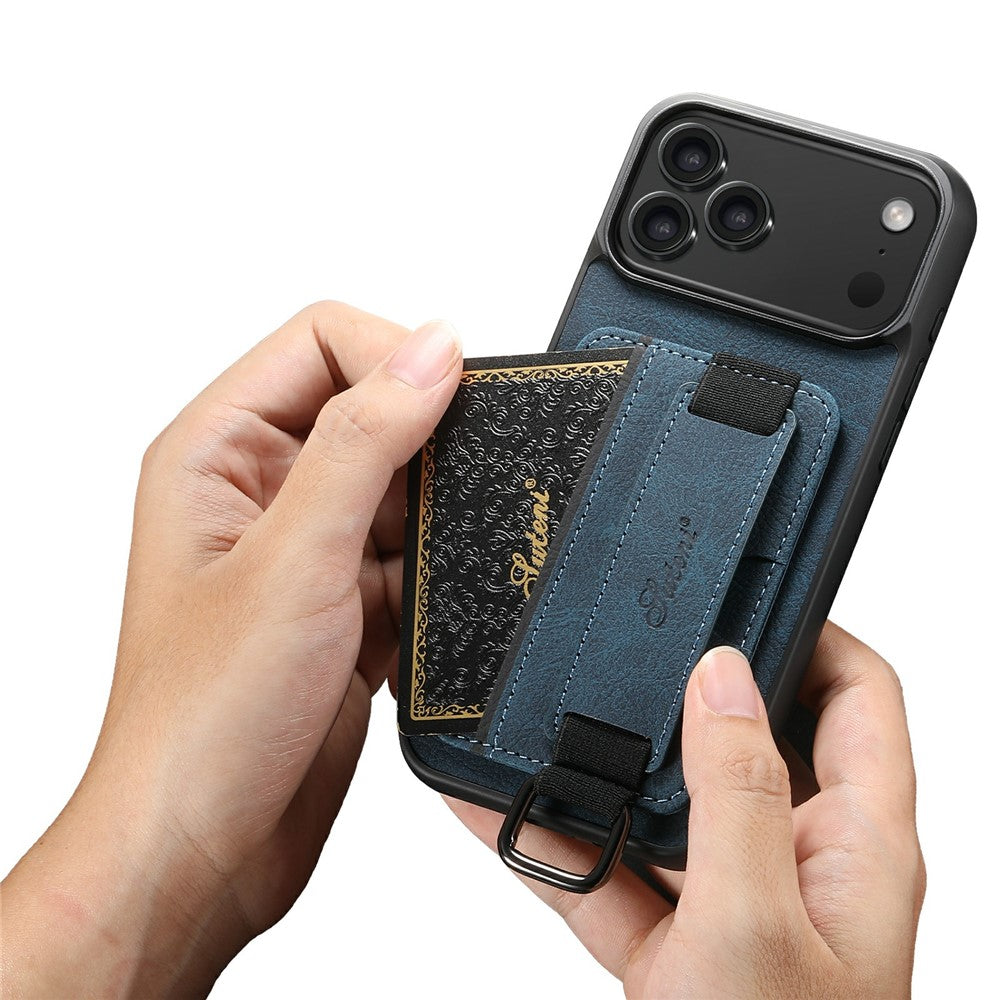 SUTENI H13 For iPhone 17 Pro Max Case Litchi Texture Leather + TPU + PC Phone Cover with Card Holder Kickstand - Blue
