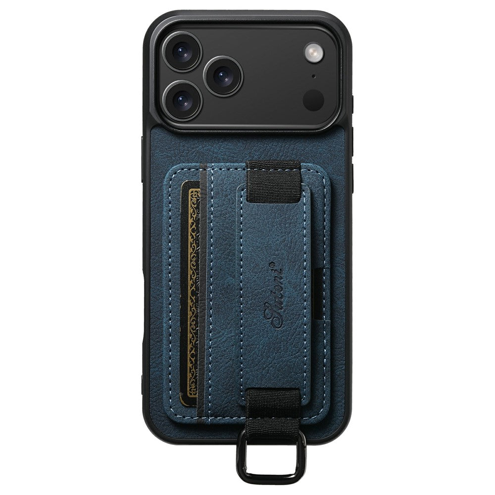SUTENI H13 For iPhone 17 Pro Max Case Litchi Texture Leather + TPU + PC Phone Cover with Card Holder Kickstand - Blue