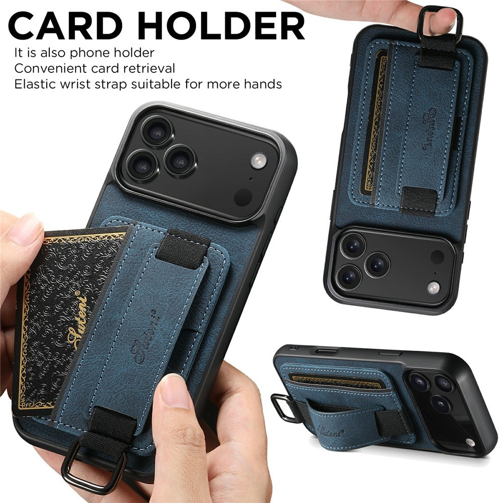 SUTENI H13 For iPhone 17 Pro Max Case Litchi Texture Leather + TPU + PC Phone Cover with Card Holder Kickstand - Blue