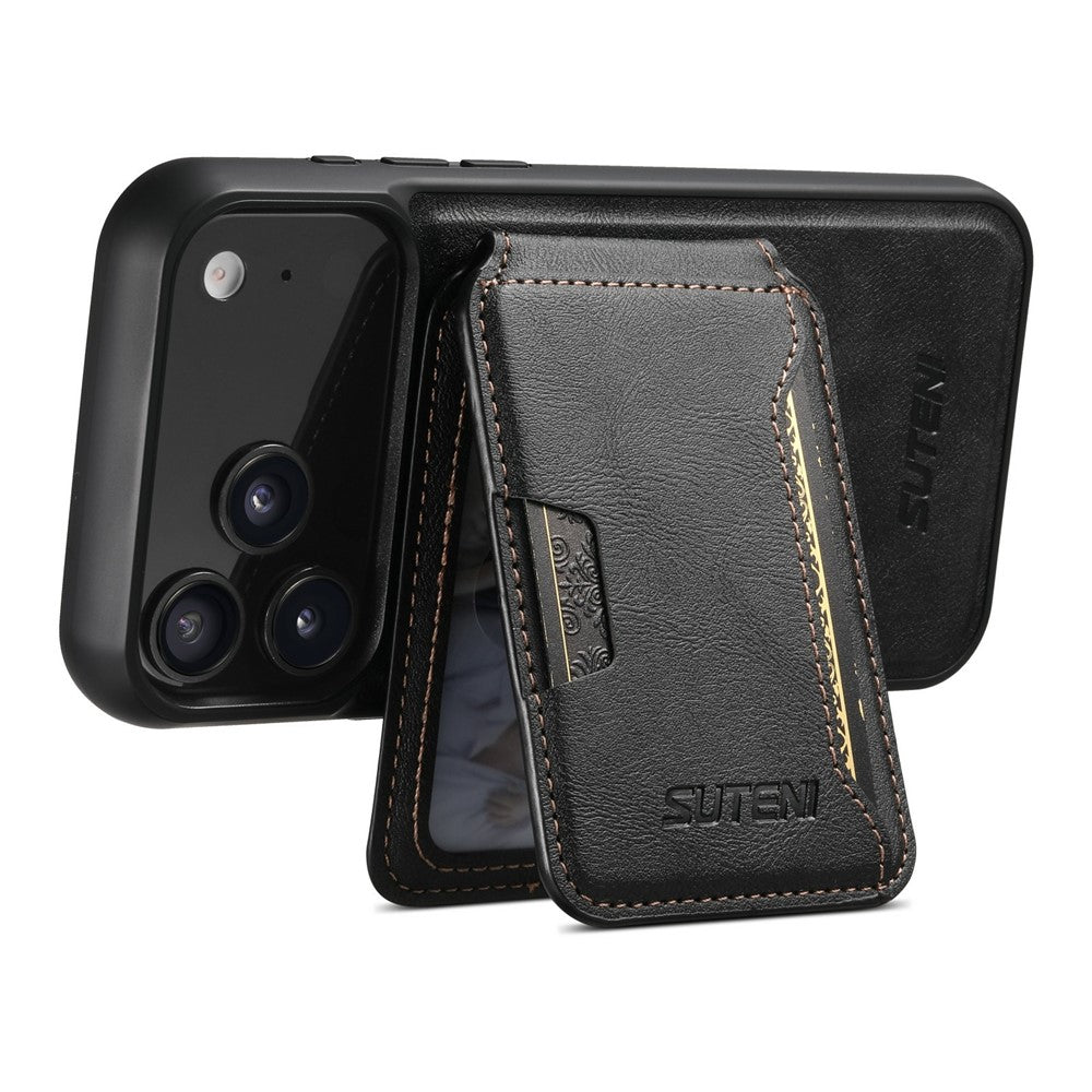 SUTENI M3 For iPhone 17 Pro Max Magnetic Case Cowhide Texture Leather Back Cover with Card Bag Kickstand - Black