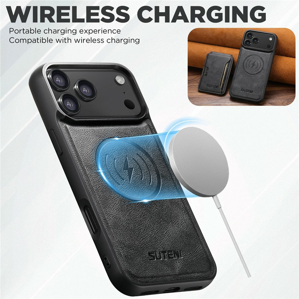 SUTENI M3 For iPhone 17 Pro Max Magnetic Case Cowhide Texture Leather Back Cover with Card Bag Kickstand - Black