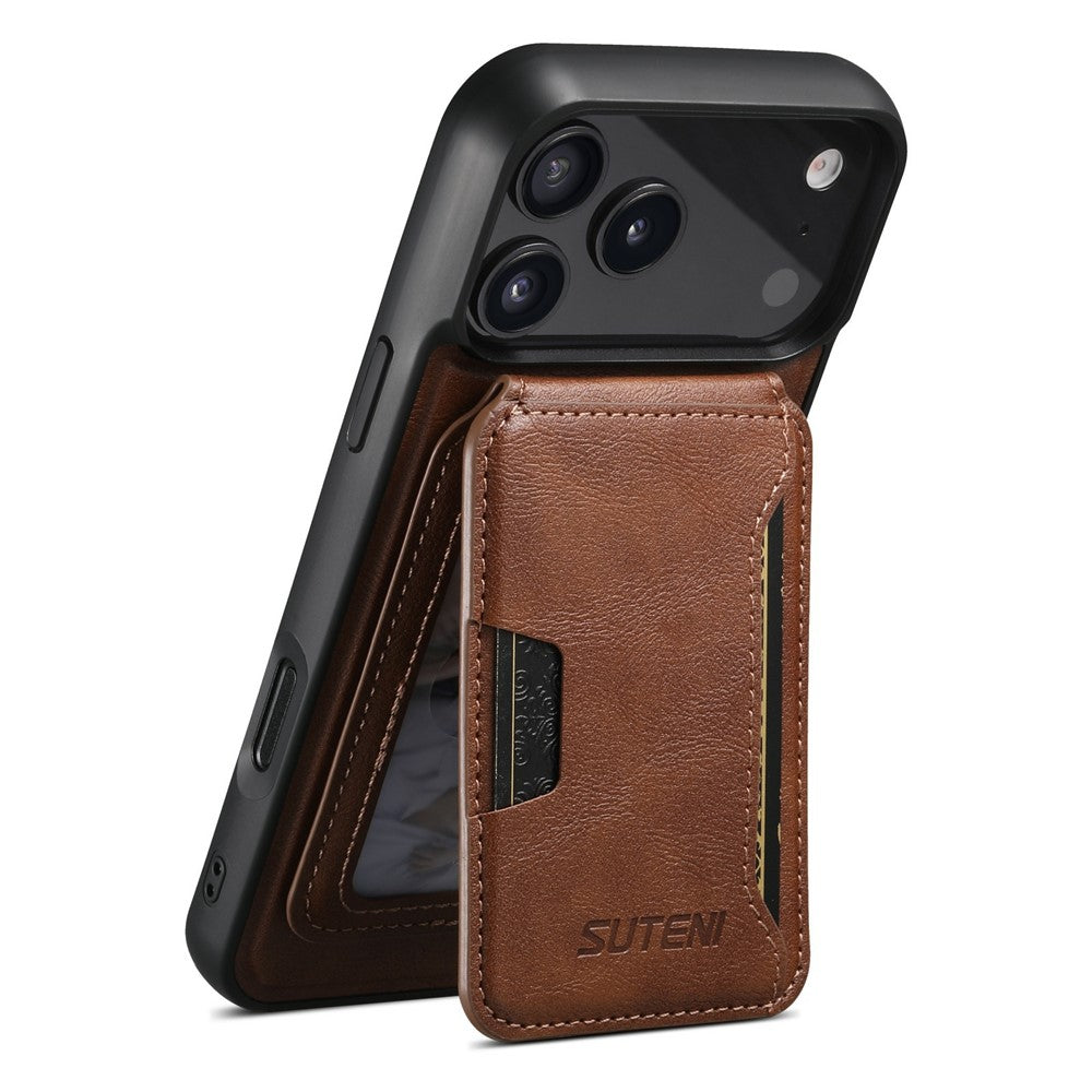 SUTENI M3 For iPhone 17 Pro Max Magnetic Case Cowhide Texture Leather Back Cover with Card Bag Kickstand - Brown