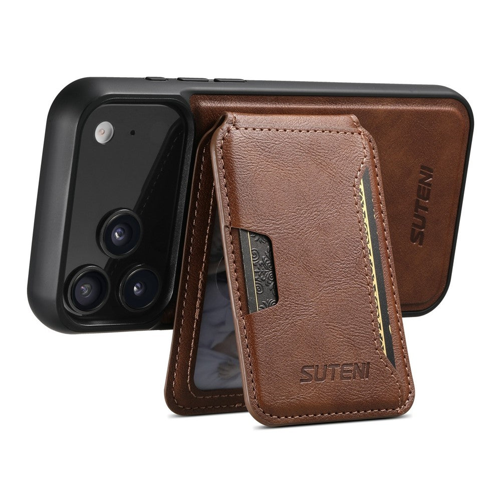 SUTENI M3 For iPhone 17 Pro Max Magnetic Case Cowhide Texture Leather Back Cover with Card Bag Kickstand - Brown