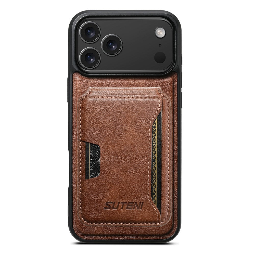 SUTENI M3 For iPhone 17 Pro Max Magnetic Case Cowhide Texture Leather Back Cover with Card Bag Kickstand - Brown