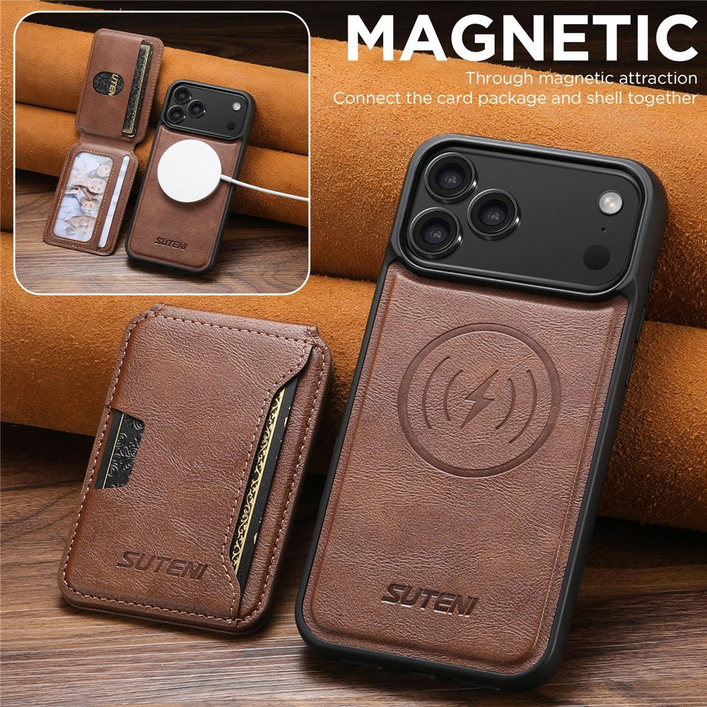 SUTENI M3 For iPhone 17 Pro Max Magnetic Case Cowhide Texture Leather Back Cover with Card Bag Kickstand - Brown