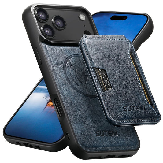 SUTENI M3 For iPhone 17 Pro Max Magnetic Case Cowhide Texture Leather Back Cover with Card Bag Kickstand - Blue