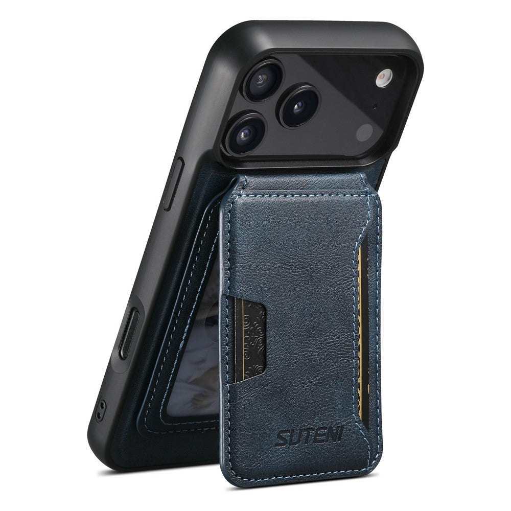 SUTENI M3 For iPhone 17 Pro Max Magnetic Case Cowhide Texture Leather Back Cover with Card Bag Kickstand - Blue
