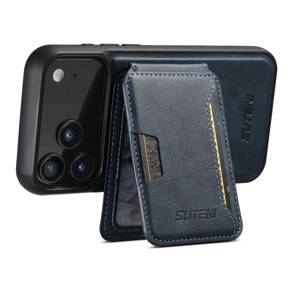 SUTENI M3 For iPhone 17 Pro Max Magnetic Case Cowhide Texture Leather Back Cover with Card Bag Kickstand - Blue