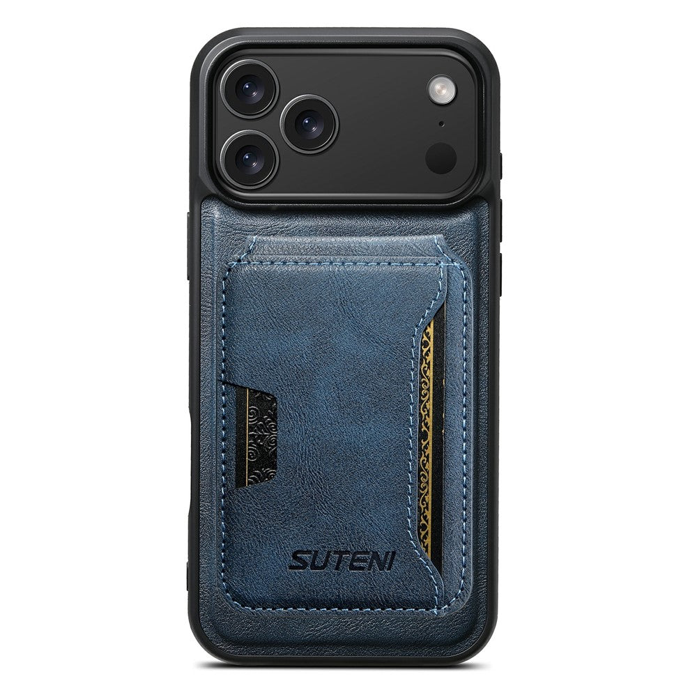SUTENI M3 For iPhone 17 Pro Max Magnetic Case Cowhide Texture Leather Back Cover with Card Bag Kickstand - Blue