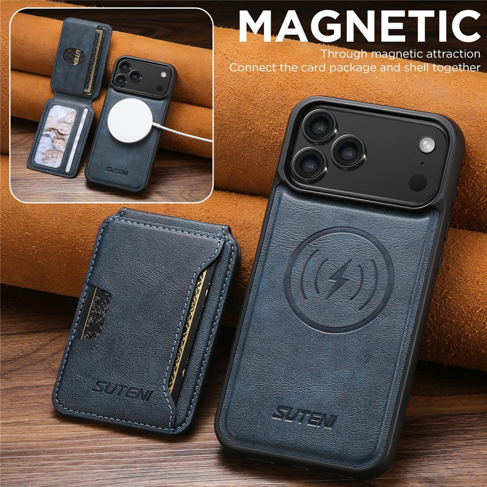 SUTENI M3 For iPhone 17 Pro Max Magnetic Case Cowhide Texture Leather Back Cover with Card Bag Kickstand - Blue