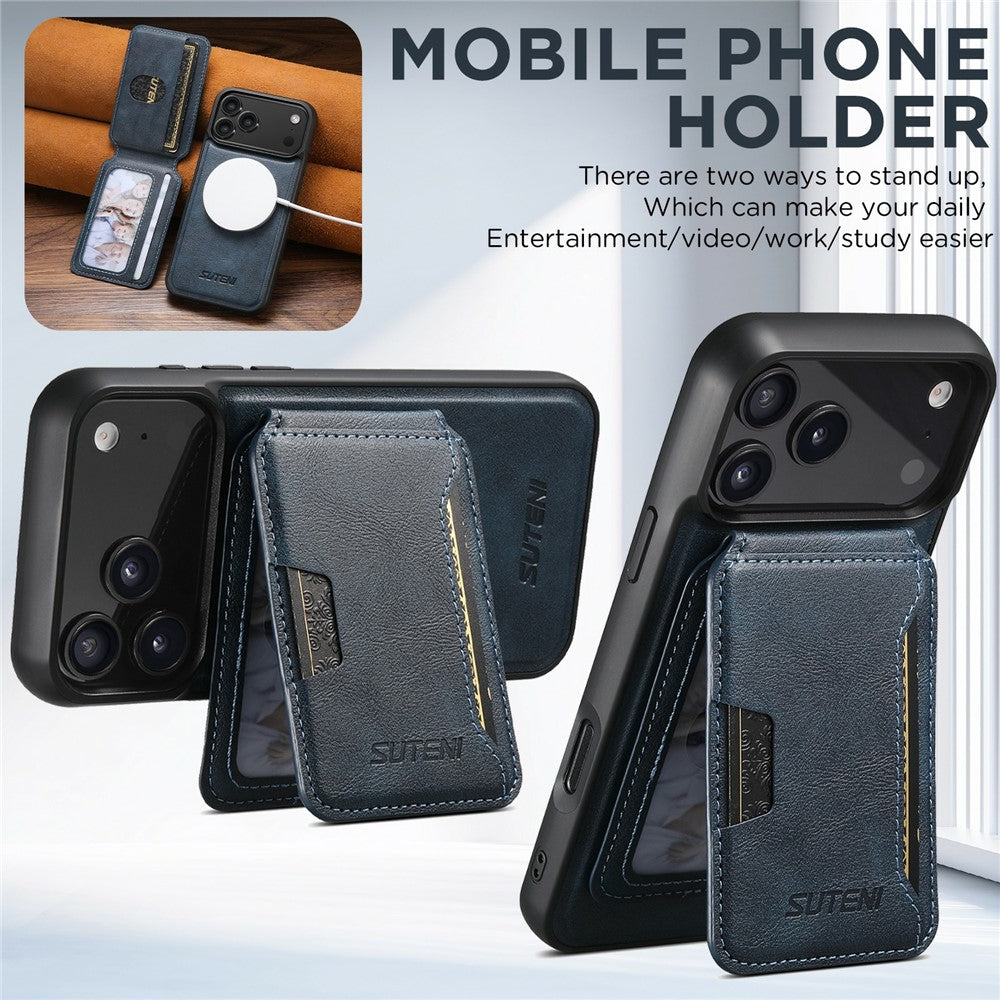 SUTENI M3 For iPhone 17 Pro Max Magnetic Case Cowhide Texture Leather Back Cover with Card Bag Kickstand - Blue