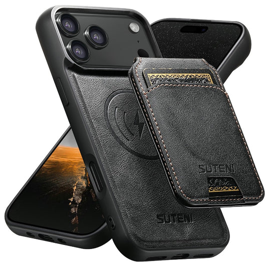 SUTENI M5 For iPhone 17 Pro Max Magnetic Case with Card Bag Cowhide Texture Leather Phone Back Cover - Black
