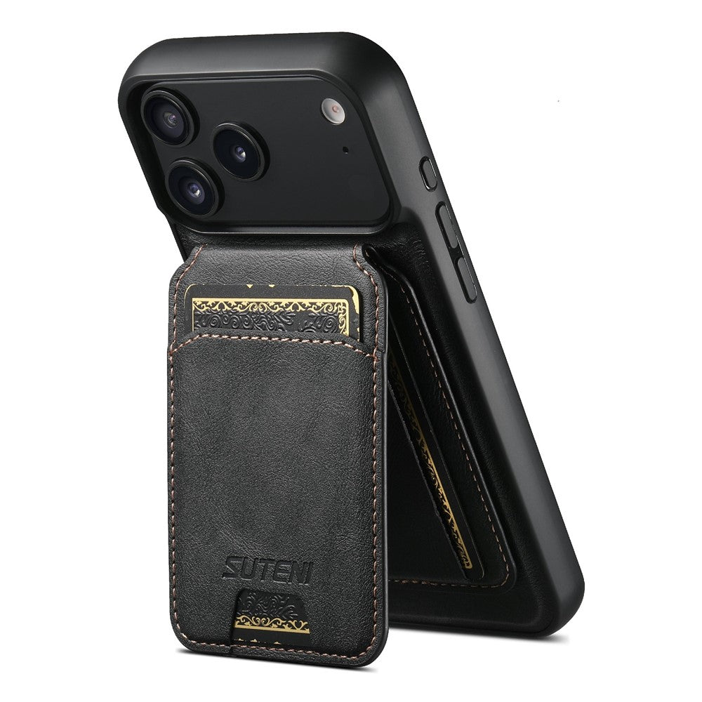 SUTENI M5 For iPhone 17 Pro Max Magnetic Case with Card Bag Cowhide Texture Leather Phone Back Cover - Black