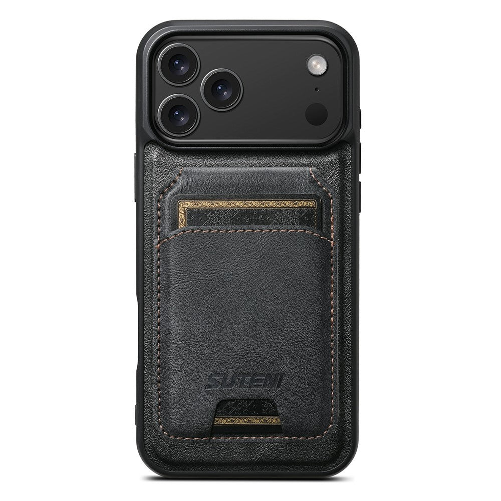 SUTENI M5 For iPhone 17 Pro Max Magnetic Case with Card Bag Cowhide Texture Leather Phone Back Cover - Black