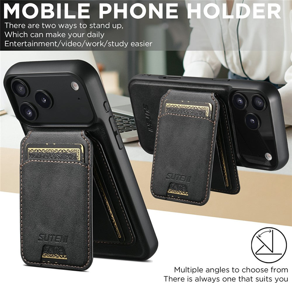 SUTENI M5 For iPhone 17 Pro Max Magnetic Case with Card Bag Cowhide Texture Leather Phone Back Cover - Black