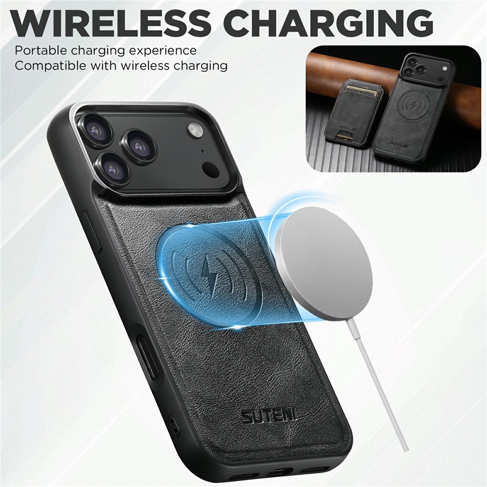 SUTENI M5 For iPhone 17 Pro Max Magnetic Case with Card Bag Cowhide Texture Leather Phone Back Cover - Black